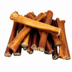 Multiple straight 6 inch bully sticks showing texture – natural beef dog chews