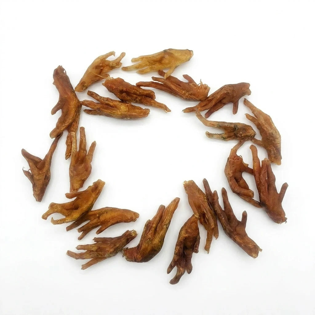 Dehydrated small split chicken feet – crunchy dog treats in smaller pieces for easy feeding