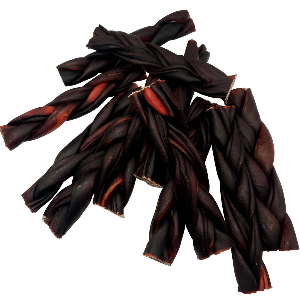 Multiple braided beef collagen sticks showing braid texture – long-lasting dog chews